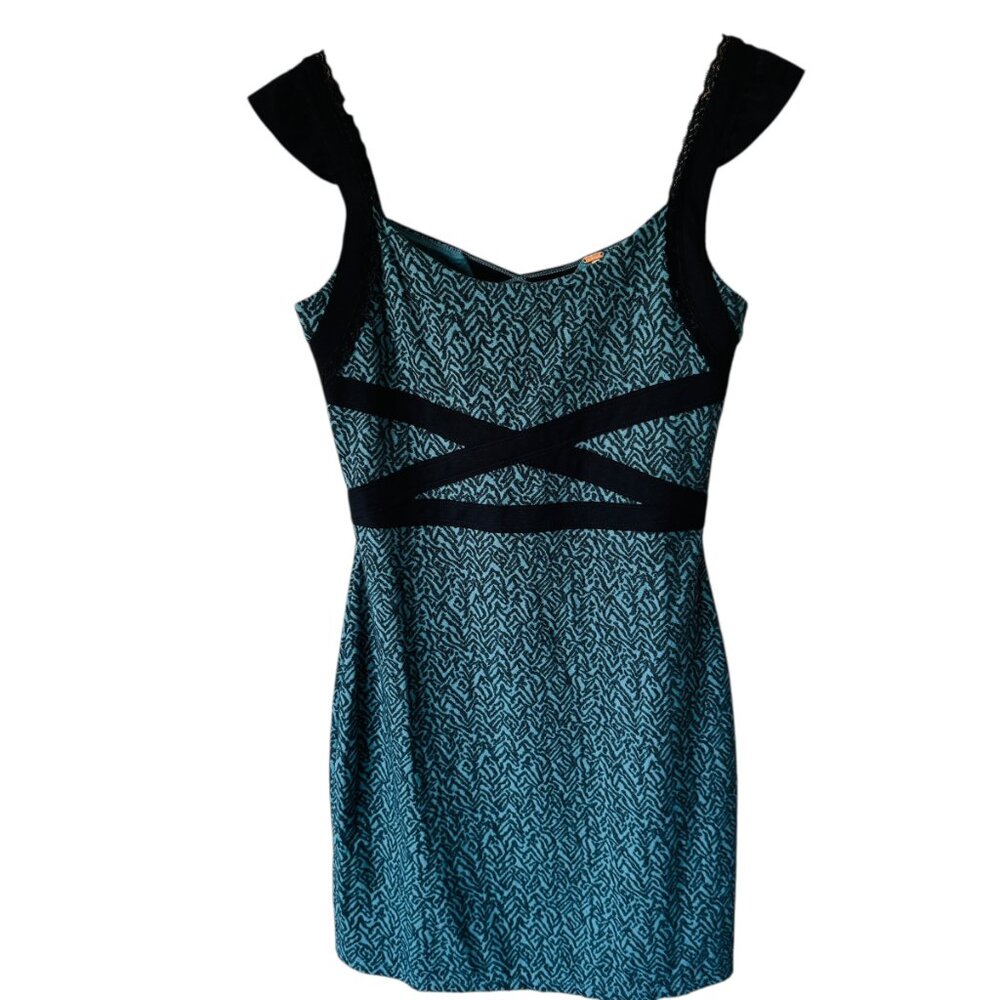 Free People Dress Sm Cross My Heart Teal Black Fitted Mini Back Cut Out Sexy